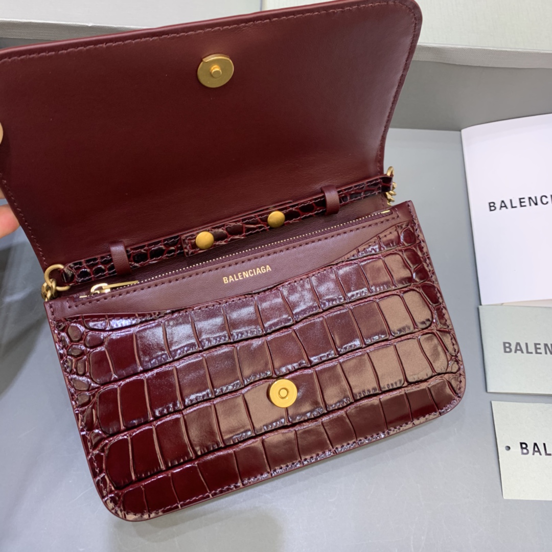 Balenciaga Small Woc Wallet With Chain Crocodile Embossed Shoulder Bag Dark Red